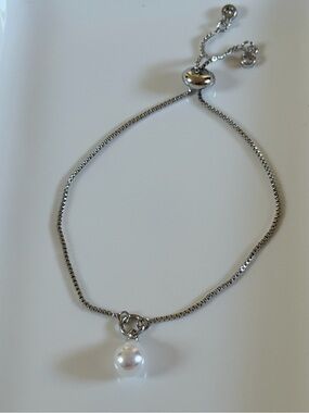 Adjustable Silver Bracelet with White Pearl Charm